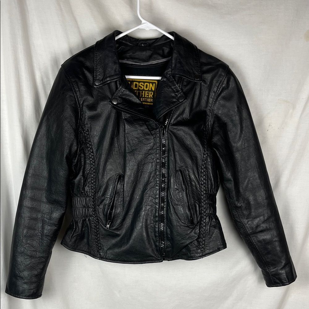 Black Hudson Leather Moto Jacket with Liner, Collar & Braiding